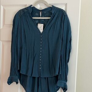 Free People Teal Button-Up Blouse